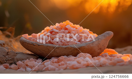 Close up of pink Himalayan salt in rustic bowl with warm sunset lighting 124756666