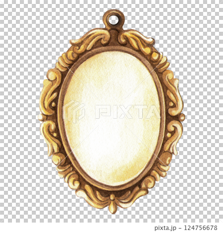 Bronze pendant frame in vintage style. Watercolor hand-drawn romantic illustration of retro mirror jewelry. Perfect for frames, name place, craft decoration, elegant invitation, banner, Valentines day 124756678