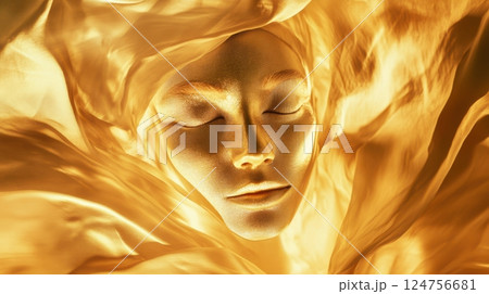 A divine woman with a radiant golden face mask, wrapped in flowing silk fabric, illuminated by soft, ethereal light. The image embodies luxury, self-care, and feminine empowerment. 124756681