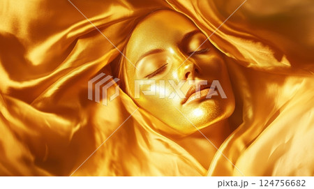 A divine woman with a radiant golden face mask, wrapped in flowing silk fabric, illuminated by soft, ethereal light. The image embodies luxury, self-care, and feminine empowerment. 124756682