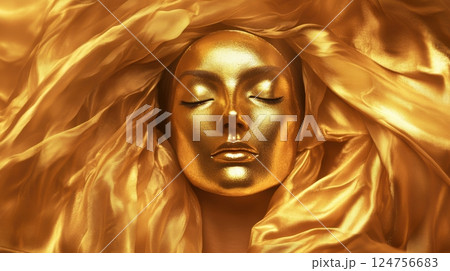 A divine woman with a radiant golden face mask, wrapped in flowing silk fabric, illuminated by soft, ethereal light. The image embodies luxury, self-care, and feminine empowerment. 124756683
