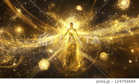 A mystical celestial goddess in golden hues, surrounded by floating cosmic elements and ethereal light streaks. A dreamlike, divine digital artwork radiating elegance. 124756684
