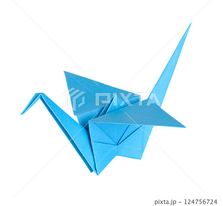 Blue orizuru, Japanese origami crane, made of folding paper. The most classic of of all origami designs. It is believed crane wings carry souls up to paradise. Used for decoration and as peace symbol. 124756724