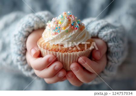 Sweet cupcake in child hands with frosting 124757034