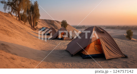 Tents set up on sandy desert hill at dawn, with soft sunlight and scattered trees 124757142