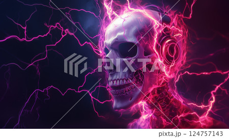 glowing skull with headphones surrounded by vibrant pink electric energy 124757143