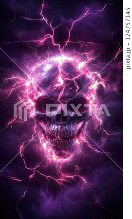 glowing skull surrounded by vibrant purple and pink electric energy, creating dramatic effect 124757145