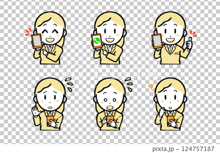 A set of facial expressions of a young woman in a suit using a mobile phone A set of facial expressions of a young woman in a suit using a mobile phone 124757187