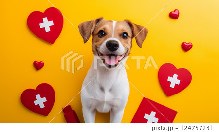 Funny smiling dog on vibrant yellow background surrounded by red hearts with white cross. Veterinary and pet healthcare concepts 124757231