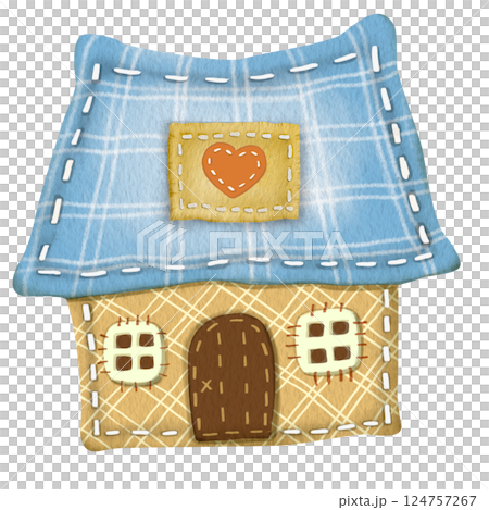 Textile house for decoration. Watercolor illustration handmade crafts. Cute cozy home for printing postcards, notebooks, stickers, dishes, T-shirts, etc. Design of a site on sewing and needlework. 124757267