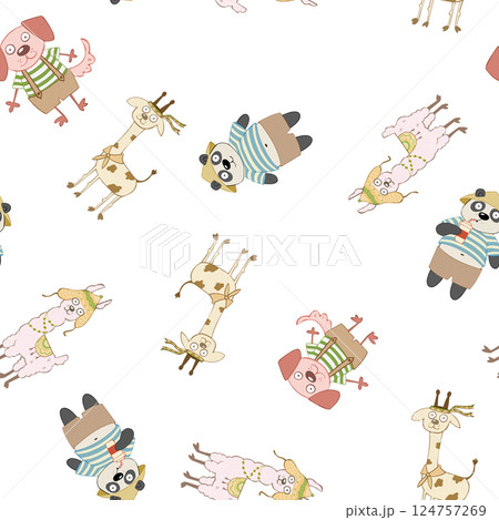 Seamless pattern of cartoon animals. Abstract childish stylized panda, dog, giraffe and alpaca without background. Perfect for printing on fabric, clothes, wallpaper, carpets, wrap paper packages, etc Seamless pattern of cartoon animals. Abstract childish stylized panda, dog, giraffe and alpaca without background. Perfect for printing on fabric, clothes, wallpaper, carpets, wrap paper packages, etc 124757269