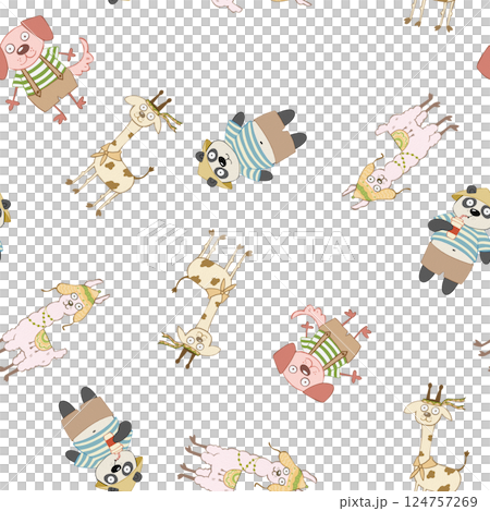 Seamless pattern of cartoon animals. Abstract childish stylized panda, dog, giraffe and alpaca without background. Perfect for printing on fabric, clothes, wallpaper, carpets, wrap paper packages, etc 124757269