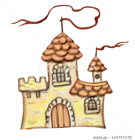 Yellow cartoon castle isolated on white background. Simple, childish hand-drawn style clipart. Watercolor illustration for children's products: books, stationery, stickers, toys, magazines, etc Yellow cartoon castle isolated on white background. Simple, childish hand-drawn style clipart. Watercolor illustration for children's products: books, stationery, stickers, toys, magazines, etc 124757270