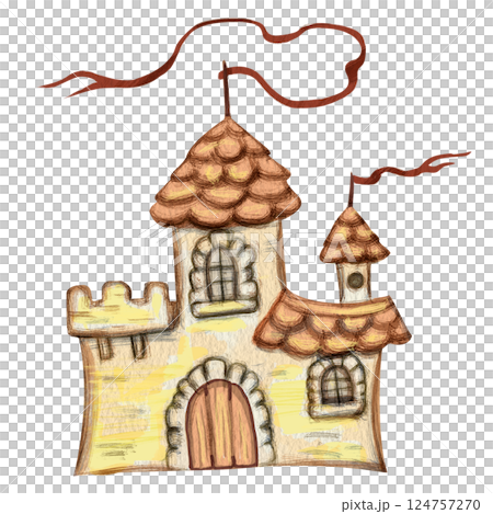 Yellow cartoon castle isolated on white background. Simple, childish hand-drawn style clipart. Watercolor illustration for children's products: books, stationery, stickers, toys, magazines, etc Yellow cartoon castle isolated on white background. Simple, childish hand-drawn style clipart. Watercolor illustration for children's products: books, stationery, stickers, toys, magazines, etc 124757270