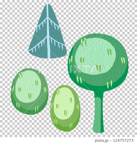 Clip art illustration of cartoon watercolor plants: bushes, tree and pine, in different green shades. Bizarre minimalist illustration without background for children books, magazines, or games. Clip art illustration of cartoon watercolor plants: bushes, tree and pine, in different green shades. Bizarre minimalist illustration without background for children books, magazines, or games. 124757273