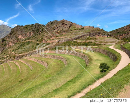 Peru Sacred valley of Incas Urubamba terraced fields near Pisac fortress 124757276