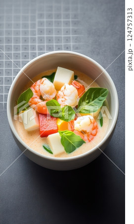 A premium seafood dish featuring shrimp and mussels in a creamy, spiced coconut curry. Beautifully plated in a geometric bowl, enhanced by fresh microgreens and a striking composition. 124757313