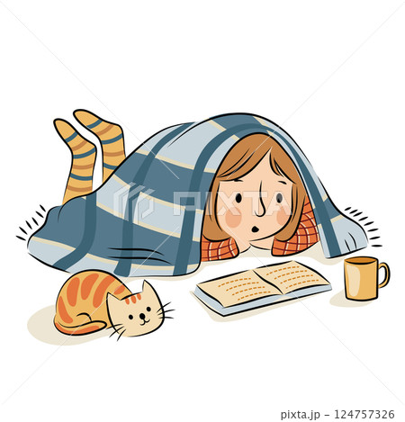 The girl lies under a blanket and reads a book. Nearby lies a cat and a cup of tea. Vector illustration 124757326