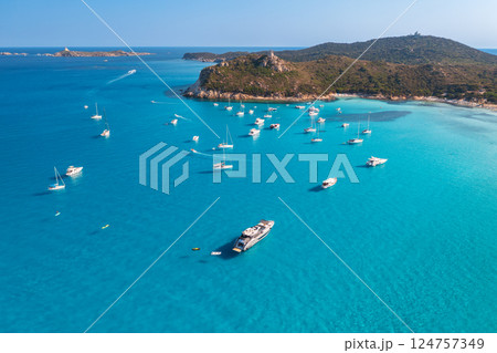 Aerial view of luxury yachts and boats on blue sea at sunny day 124757349