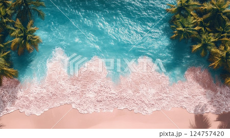 Tropical Beach Coastline With Turquoise Water and Palm Trees Under Bright Sunlight 124757420