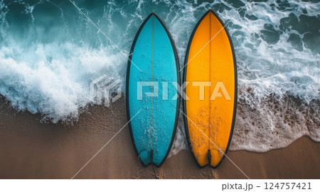 Bright Orange Surfboard Resting on Sandy Beach at Sunrise Near Ocean Waves 124757421