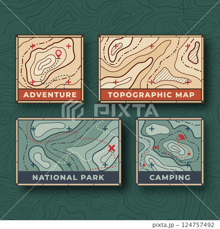 Set of topographic map badges for adventure, camping, and national parks Set of topographic map badges for adventure, camping, and national parks 124757492
