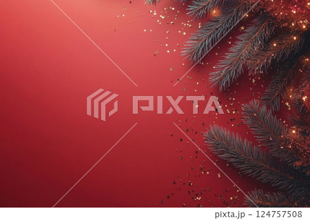 Decorative Leaves and Seeds on a Vibrant Red Background in Autumn Season Decorative Leaves and Seeds on a Vibrant Red Background in Autumn Season 124757508