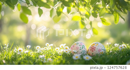 Three colorful Easter eggs with delicate floral patterns resting on fresh green grass, surrounded by tiny white daisies. Sunlight filters through vibrant leaves, creating a dreamy bokeh background 124757628