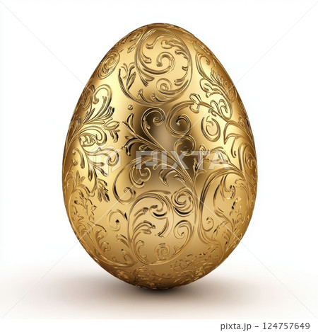 luxurious golden Easter egg with intricate floral patterns and swirling details, isolated on a white background. Elegant and highly detailed festive design, perfect for premium holiday visuals 124757649