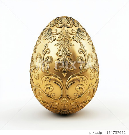 realistic Easter egg with an intricate golden pattern, isolated on a white background. High-resolution professional photograph with sharp focus, studio lighting, and hyper-realistic detail for elegant 124757652