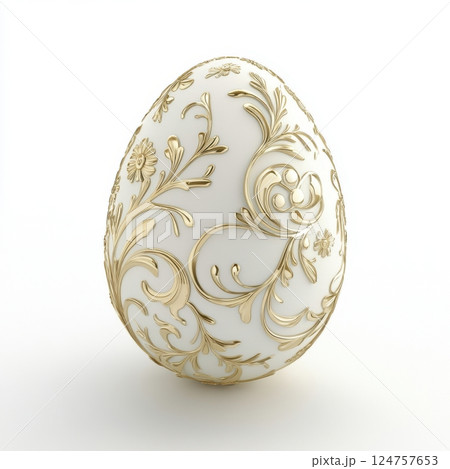 realistic Easter egg with an intricate golden pattern, isolated on a white background. High-resolution professional photograph with sharp focus, studio lighting, and hyper-realistic detail for elegant 124757653