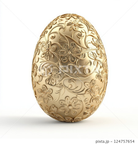 realistic Easter egg with an intricate golden pattern, isolated on a white background. High-resolution professional photograph with sharp focus, studio lighting, and hyper-realistic detail for elegant 124757654