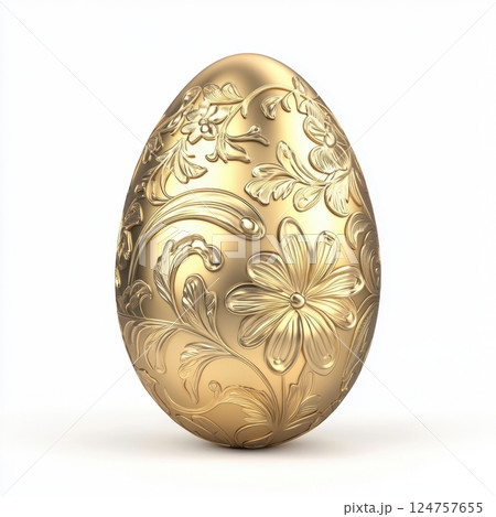 realistic Easter egg with an intricate golden pattern, isolated on a white background. High-resolution professional photograph with sharp focus, studio lighting, and hyper-realistic detail for elegant 124757655