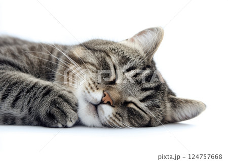 Gray tabby cat lying down on a white background, full-body portrait, isolated with a clipping path. Studio shot with soft lighting, detailed fur texture, and calm expression. 124757668