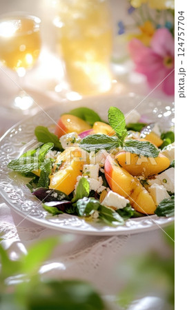 Retro salad with juicy peaches, feta, and mint in a dreamy Y2K aesthetic. Pastel tones, glow, and floral tableware evoke nostalgic magazine styling Retro salad with juicy peaches, feta, and mint in a dreamy Y2K aesthetic. Pastel tones, glow, and floral tableware evoke nostalgic magazine styling 124757704