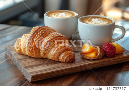 Enjoying Coffee and Pastry at a Cozy Cafe in the Morning Light 124757737