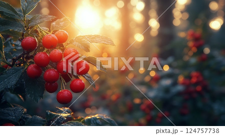 Red Berries Frame Lush Green Leaves in Serene Woodland Setting During Afternoon Light 124757738