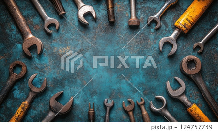 Various Tools Arranged in a Circular Pattern on a Textured Blue Surface 124757739