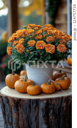 Fall Decorations Featuring Orange Chrysanthemums and Pumpkins on a Wooden Stump 124757759