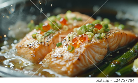 Delicious Salmon Fillet Topped With Fresh Vegetables and Served in a Flavorful Sauce at a Restaurant 124757784