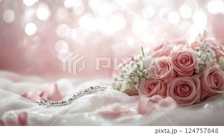 Elegant Pink Roses and Delicate Jewelry Arranged Beautifully With Soft, Sparkling Background Elegant Pink Roses and Delicate Jewelry Arranged Beautifully With Soft, Sparkling Background 124757848