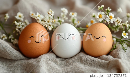 Decorative Eggs With Cheerful Faces and Flowers on Soft Fabric 124757871