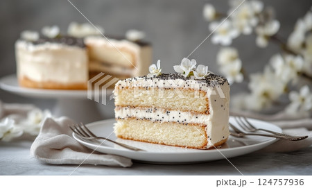 Delightful Vanilla Cake Slice Adorned With Fresh Flowers on a Rustic Table Delightful Vanilla Cake Slice Adorned With Fresh Flowers on a Rustic Table 124757936