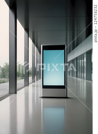 Blank advertising billboard mockup in modern glass corridor for branding and marketing 124758232