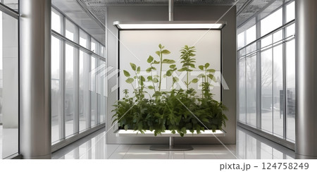 Blank advertising billboard mockup in modern glass corridor for branding and marketing 124758249