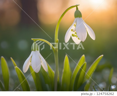 Close-up of Delicate White Snowdrops in Early Spring with Dew and Warm Sunlight Bokeh 124758262