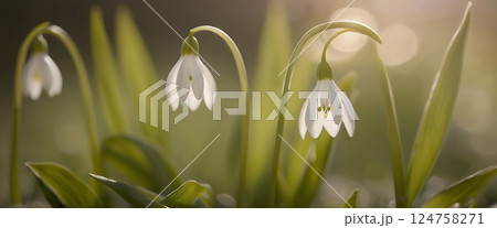 Close-up of Delicate White Snowdrops in Early Spring with Dew and Warm Sunlight Bokeh Close-up of Delicate White Snowdrops in Early Spring with Dew and Warm Sunlight Bokeh 124758271