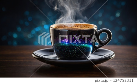 Vapor Rising from a Celestial-Themed Coffee Cup 124758311