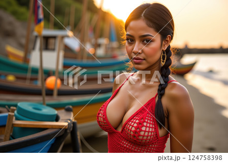 A woman posing by the beach at sunset. 124758398