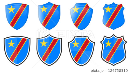 Vertical Democratic Republic of the Congo flag in shield shape, four 3d and simple versions. Vertical Democratic Republic of the Congo flag in shield shape, four 3d and simple versions. 124758510